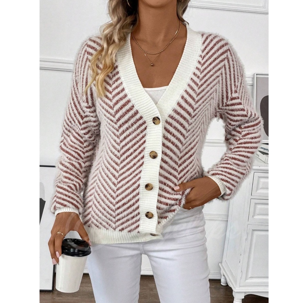 Fuzzy Chevron Brown & Off White Button Up Cardigan Long Sleeve V-Neck - Picture 5 of 7